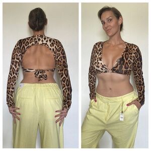 SHEIN Leopard Crop Top Wrap Tie Backless Streetwear Animal Print
